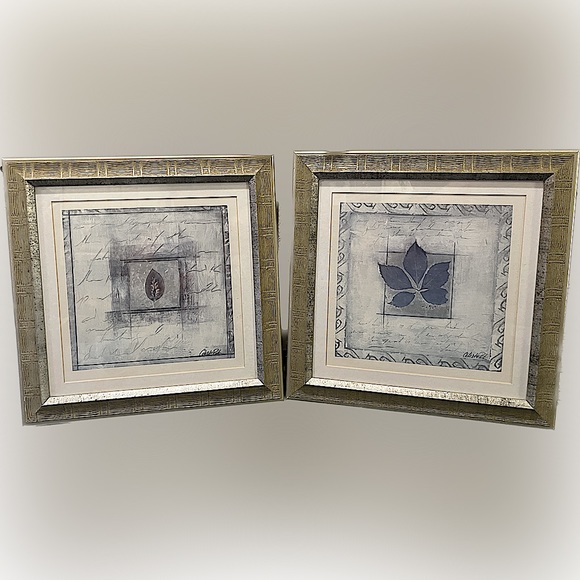Pair of Framed Blue and Cream Botanical Prints “Leaf Diaries” - Picture 1 of 5